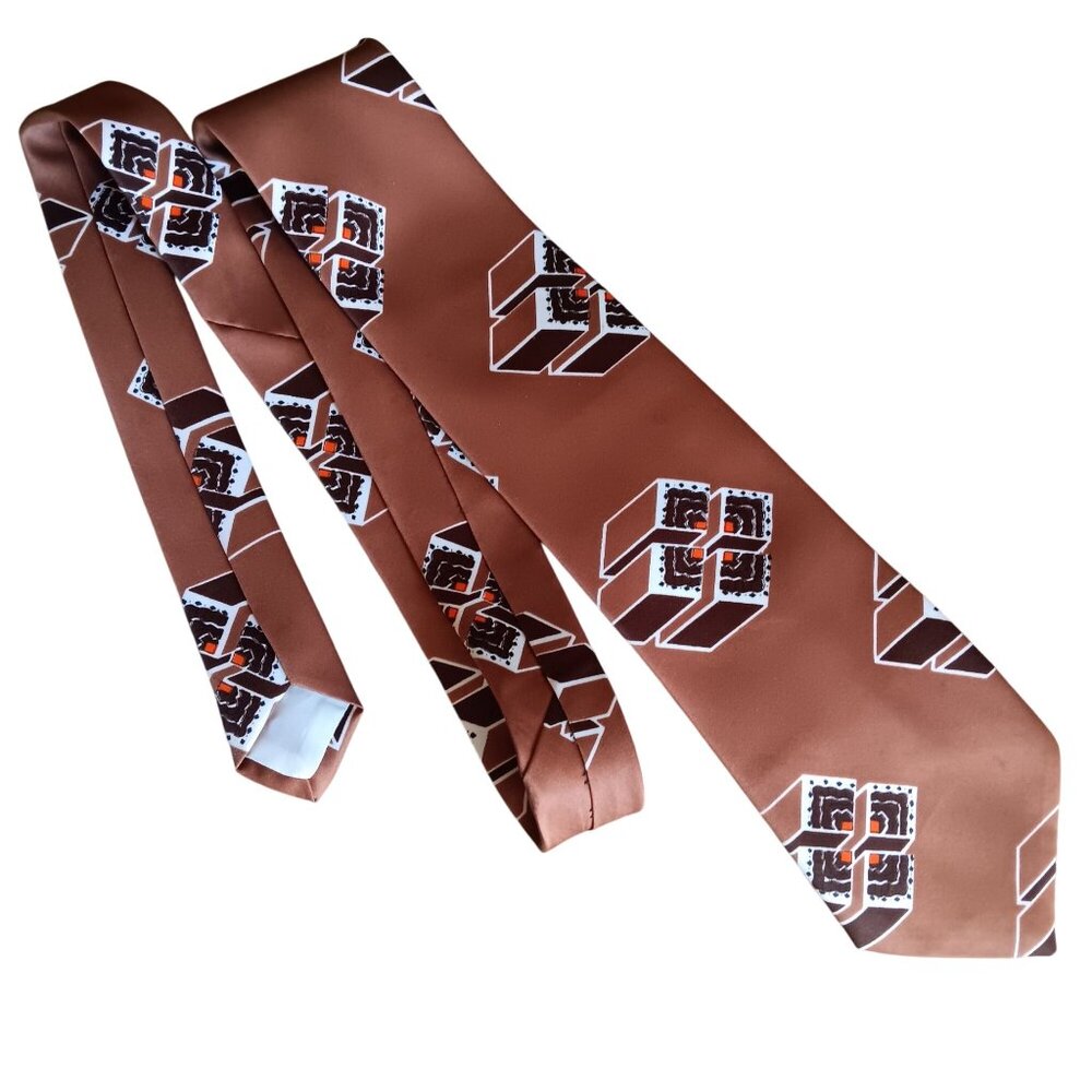 Vintage 1970's Mens Neckwear Brown Tie Geometric 3D Cube Design 54" Polyester
